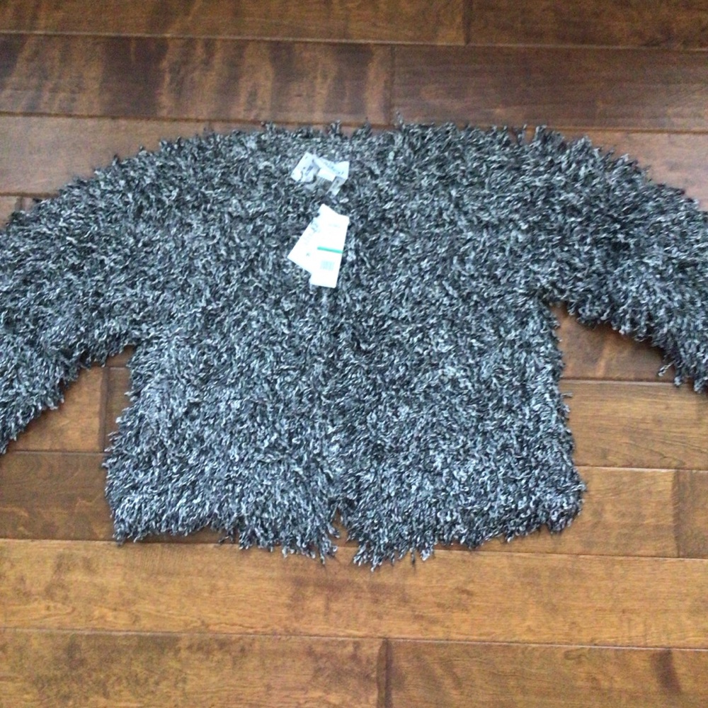 Sam Edelman Shaggy Open-Front Sweater Jacket -black & white